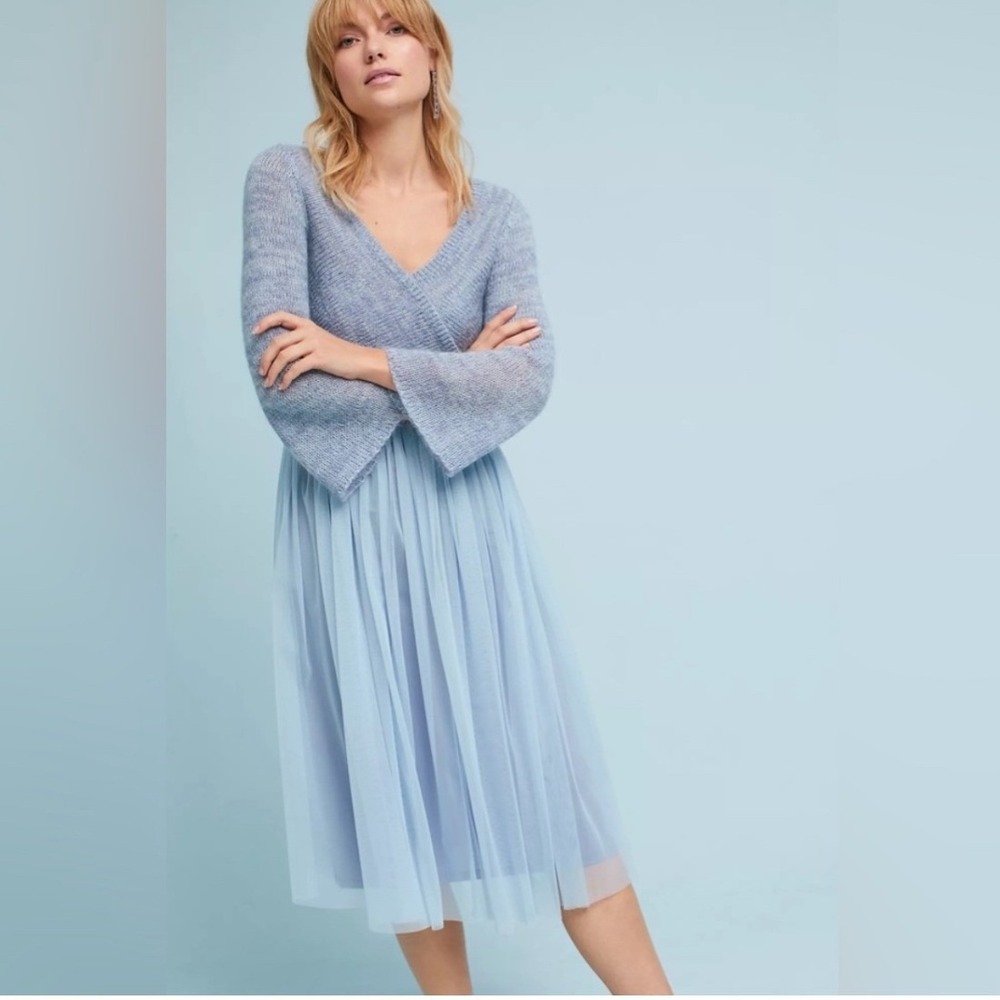 Maeve Anthropologie Arabesque Dress Sz M Blue Gray Mohair Wool Tulle Balletcore